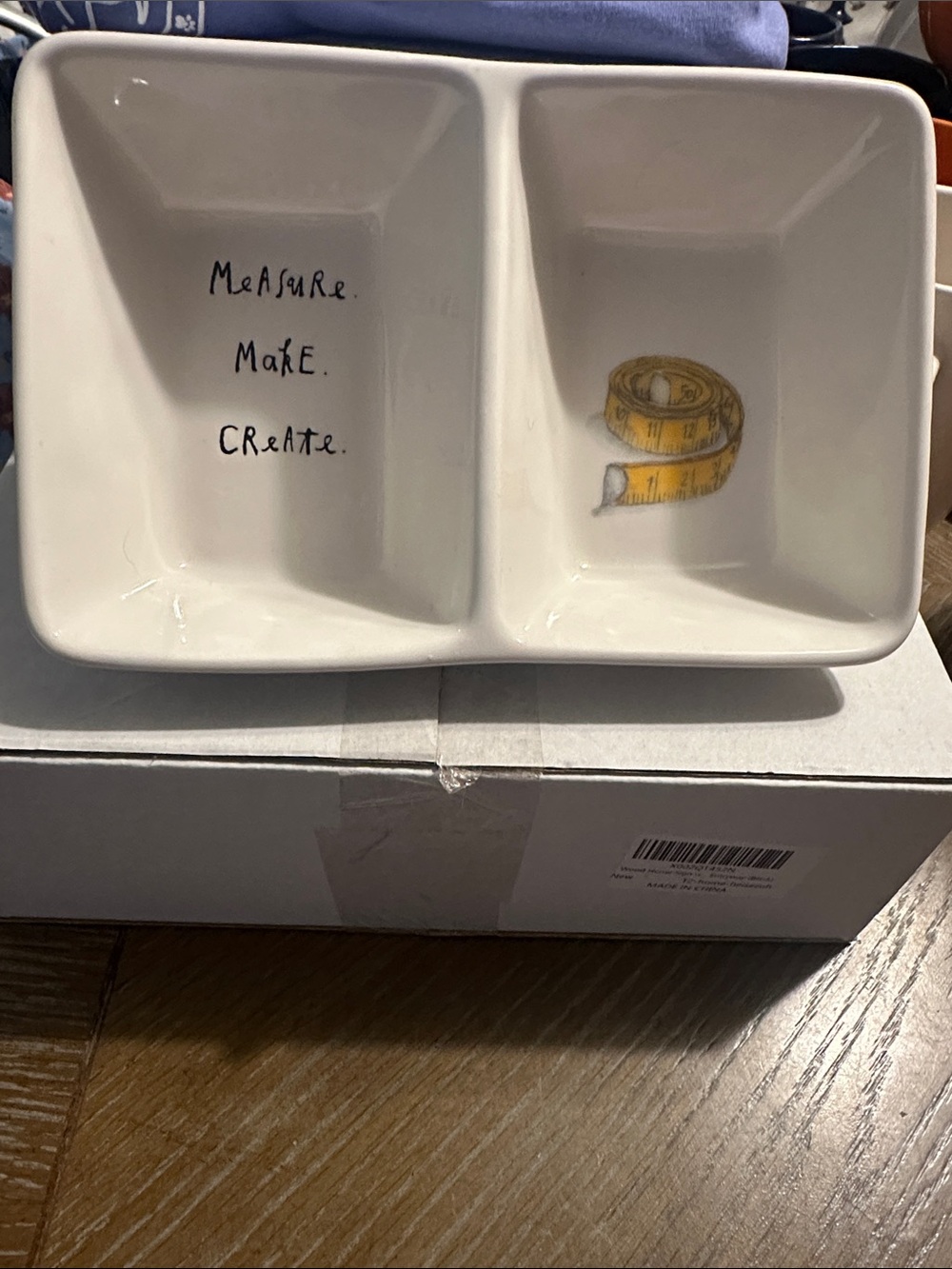 Rae Dunn White Divided Ceramic Dish with Yellow Tape Illustration
